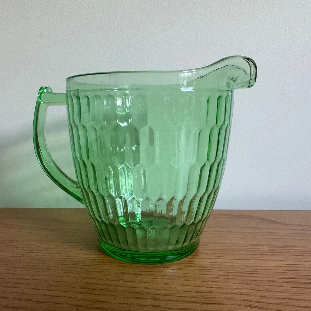Teleflora 75 Years‎ Anniversary Green Glass Pitcher Honeycomb Ribbed Vintage